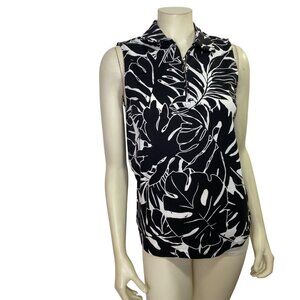 Rafaella $49 Sleeveless Black & White Leaf Print Collared Polo Shirt MD NWT
